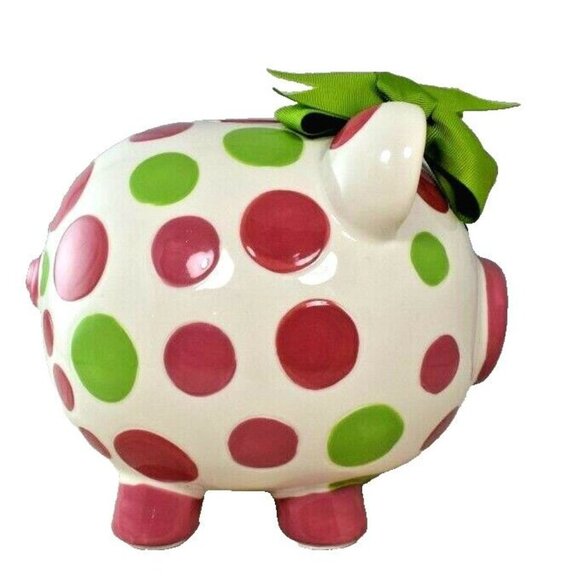 Burton + Burton Girls Pink and Green Polka Dot Piggy Bank with Bow Still Coin - Picture 3 of 6